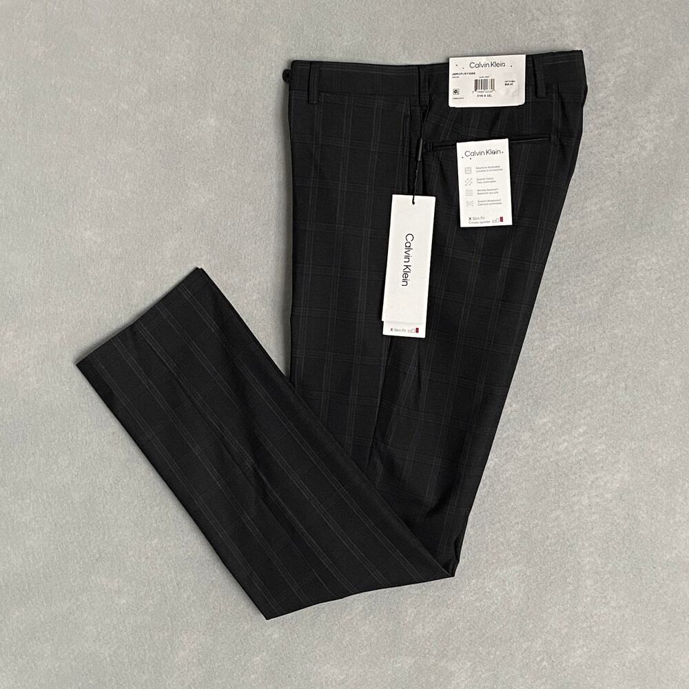 Calvin Klein Men's 31x32 Dress Pant Slim Fit Jerome Stretch Dark Grey Check NEW